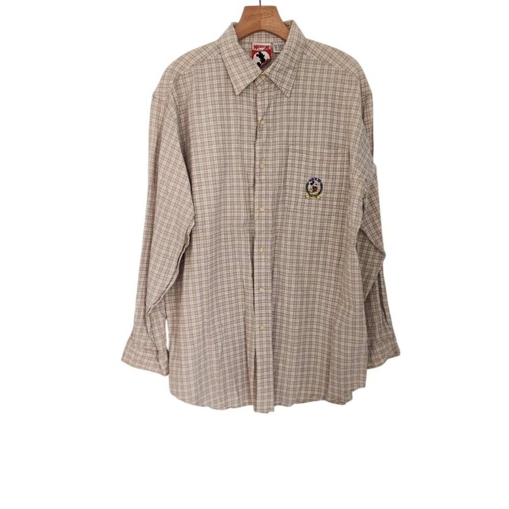 Mickey‎ Inc Shirt Vintage Button Down Beige Plaid Embroidered Long Sleeve Large